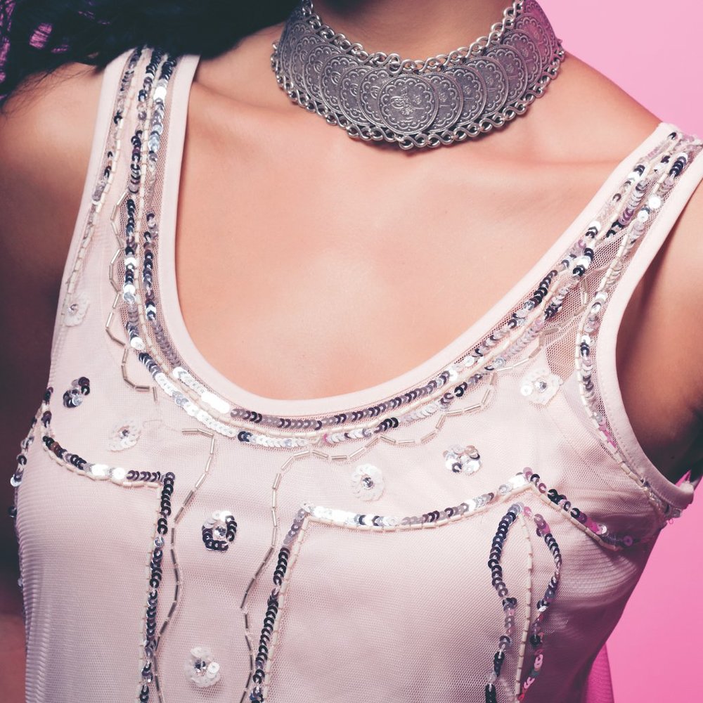 Gatsby vibes pink mesh tank w/ silver sequins